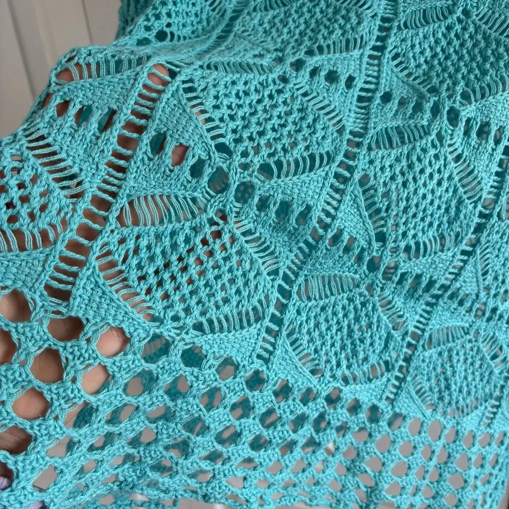 Jeanne Pierre Turquoise Blue Crochet Cover Up Tunic‎ Top XL Boho Coastal Granny - Picture 3 of 7